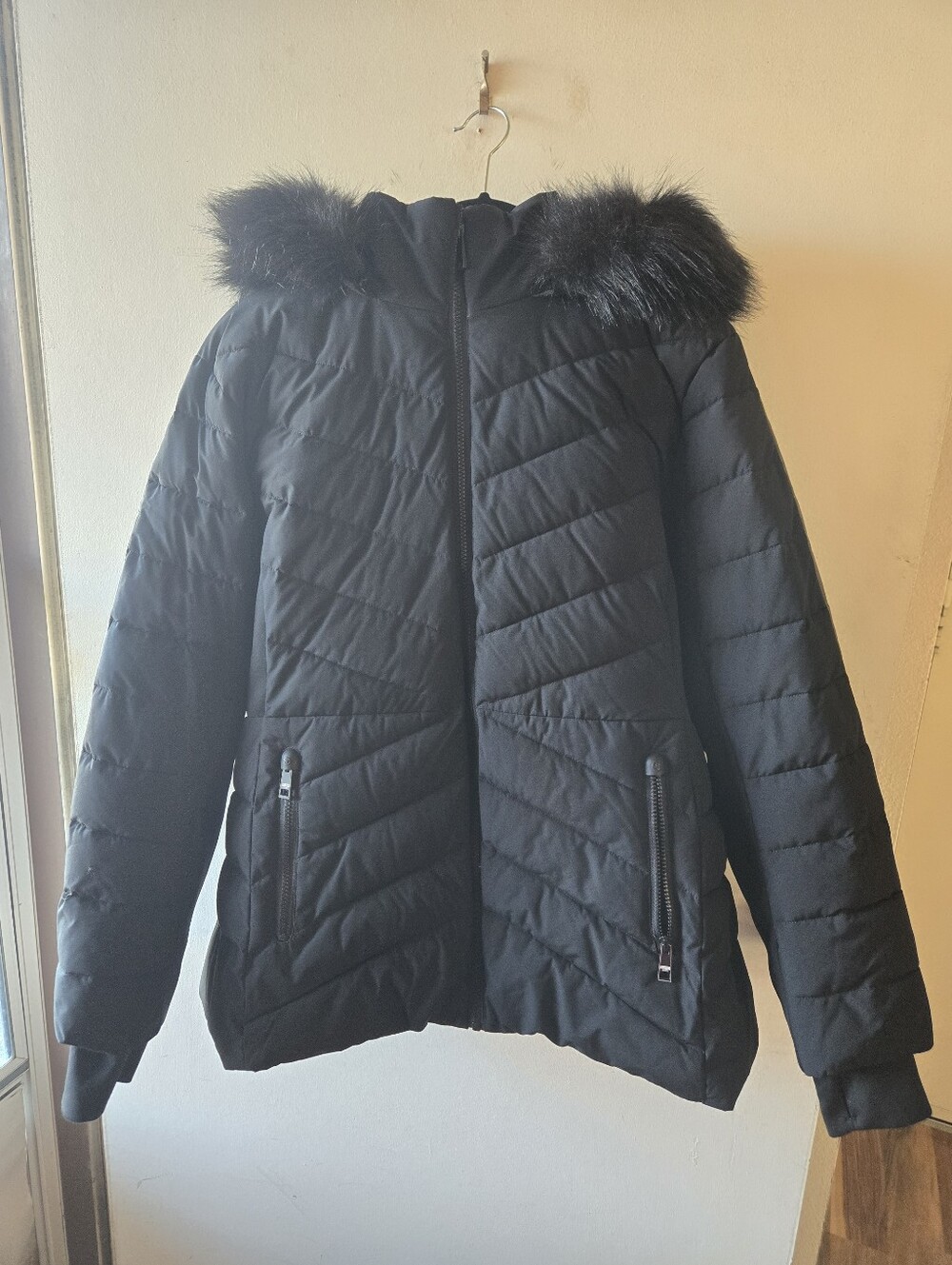 Michael Kors Black Quilted Puffer Jacket with Faux Fur Trim